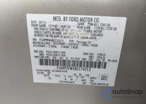 2011 Ford Taurus Limited from USA, damaged, VIN 1FAHP2FWXBG174213